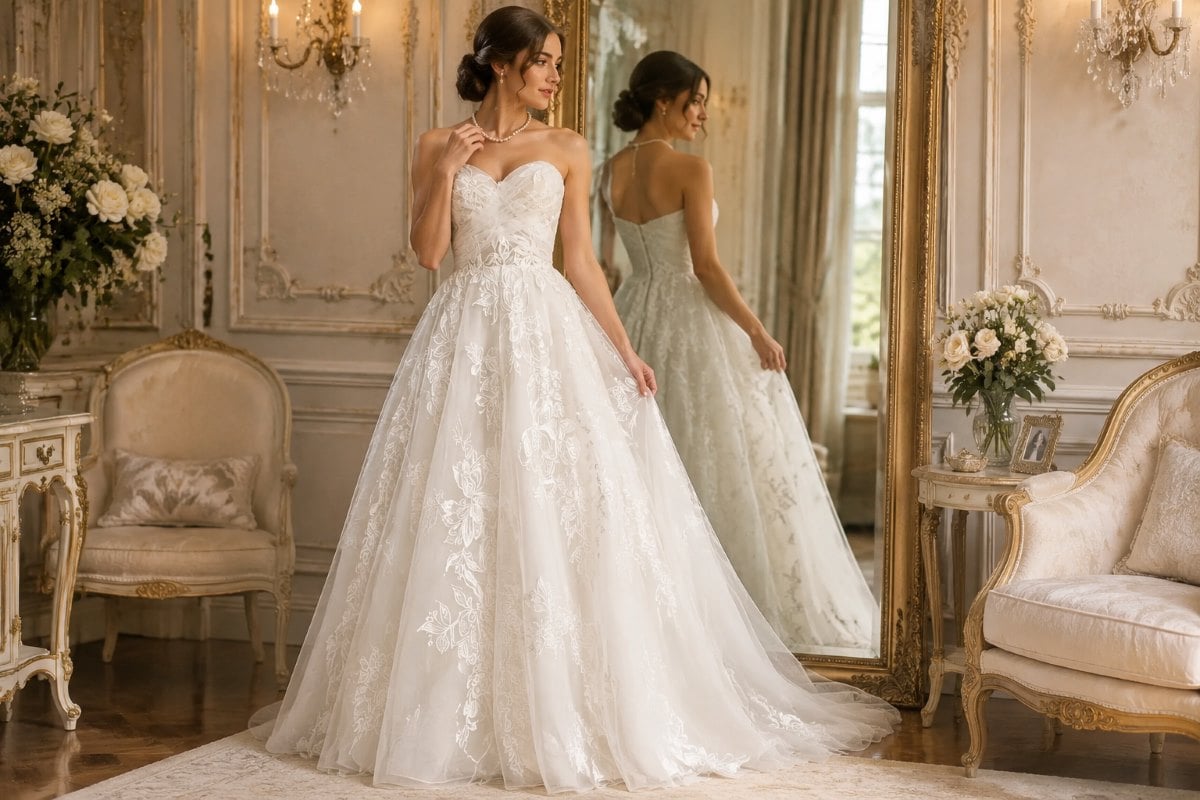 Ivory floral debutante gown with pearl accessories