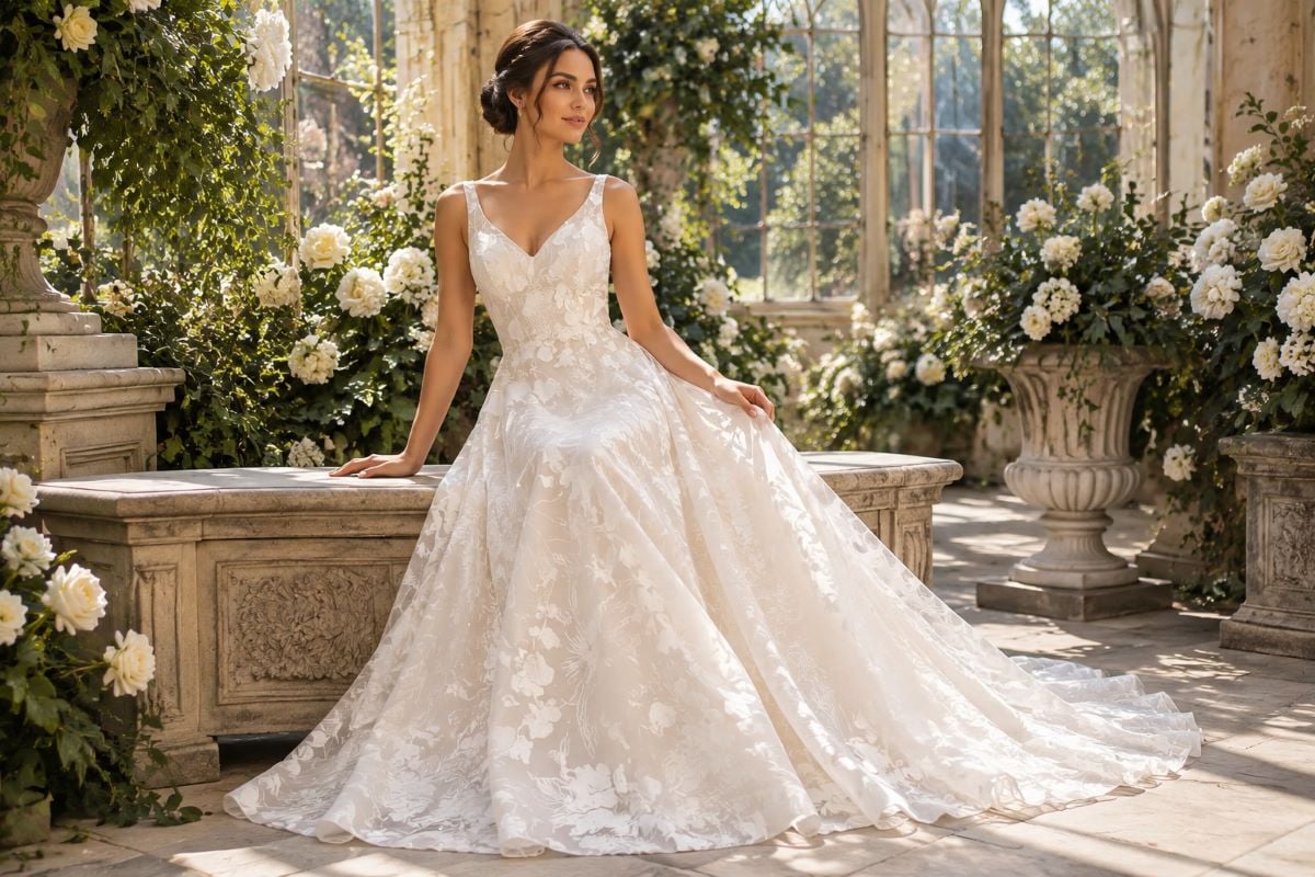 Ivory floral jacquard A-Line debutante gown in garden conservatory
