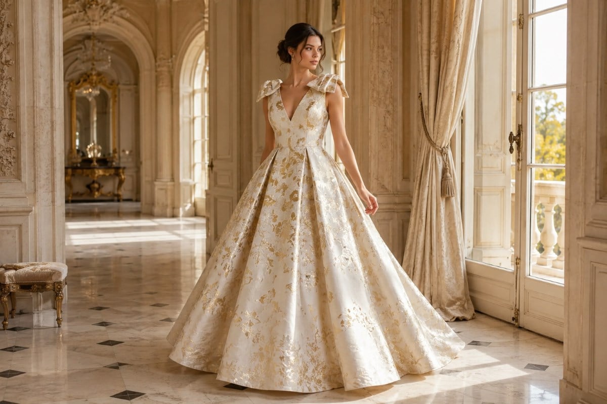 Ivory gold brocade structured evening gown