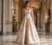 Ivory strapless A-Line gown with gold floral