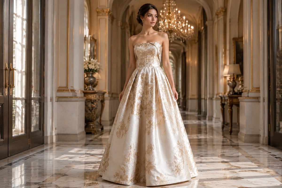 Ivory strapless A-Line gown with gold floral