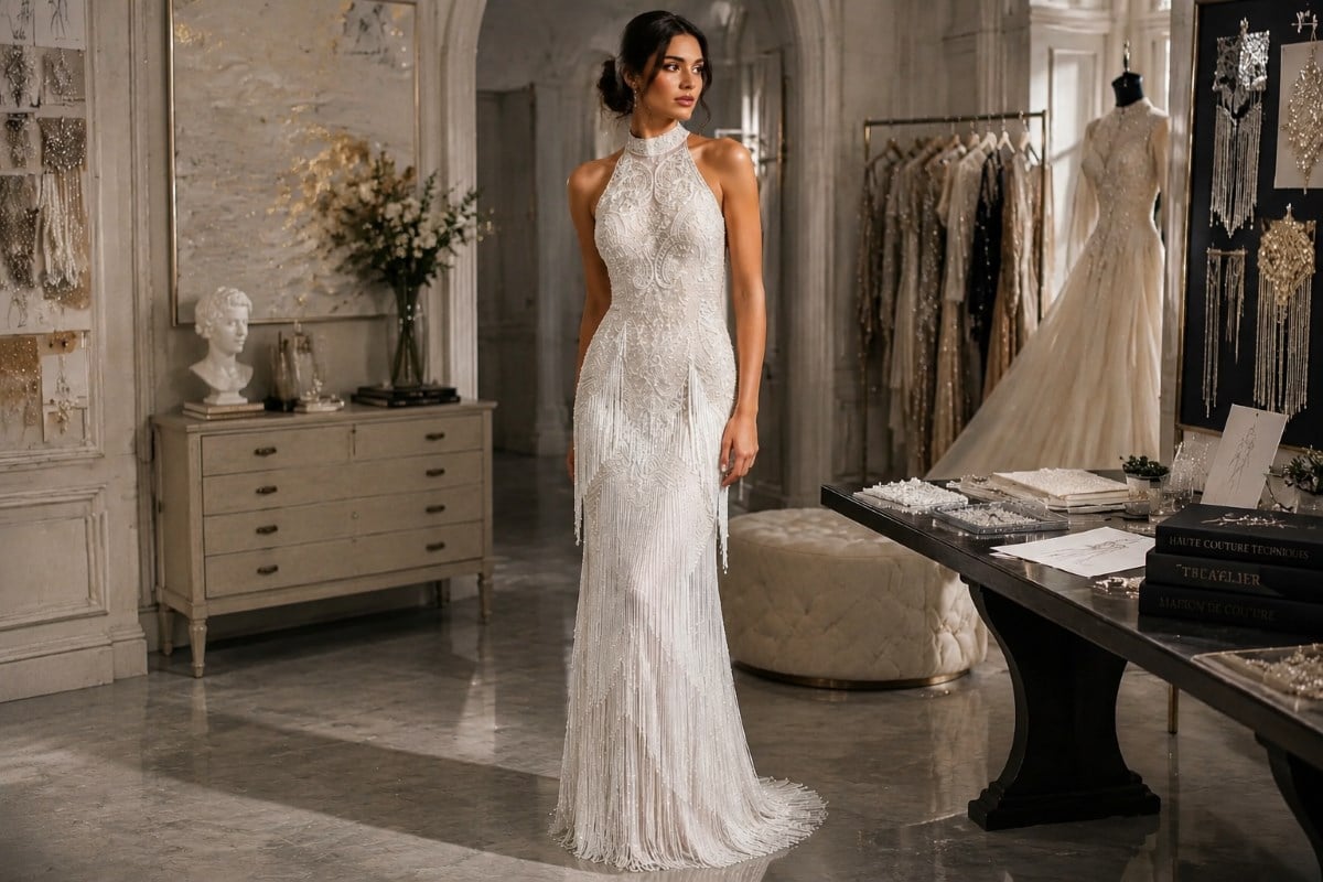 Ivory couture halter gown editorial