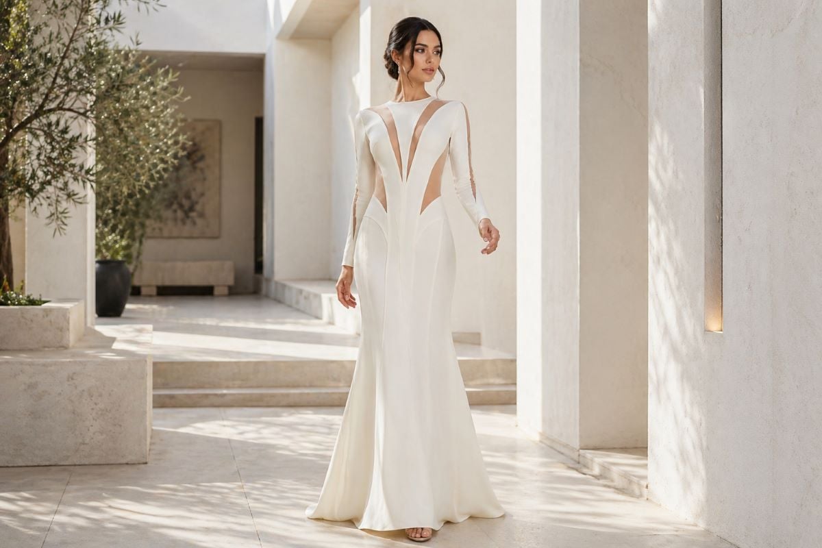 Ivory high neck gown with illusion cutouts and long sleeves