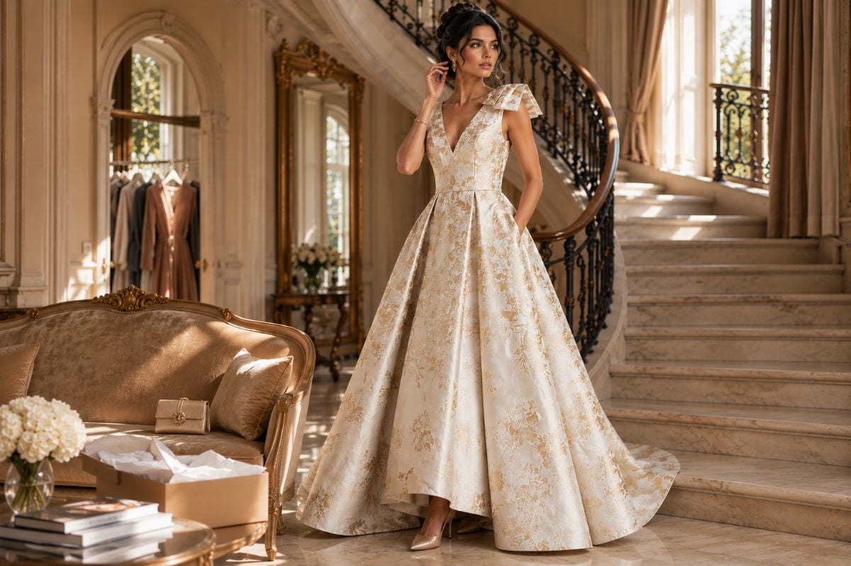 Ivory jacquard mother of bride ball gown