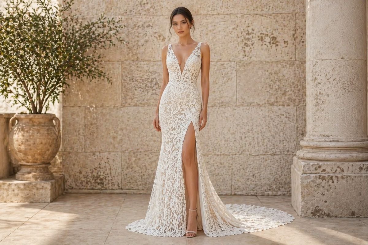 Bride in deep V ivory lace wedding dress with high slit