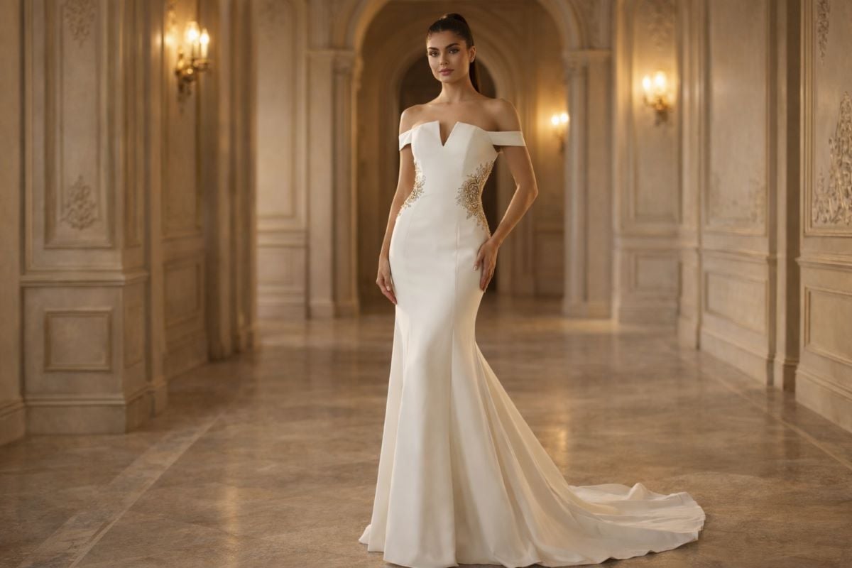 Ivory off-shoulder mermaid evening gown