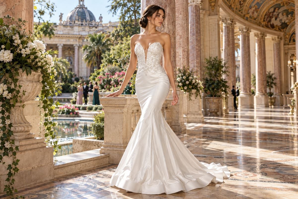 Ivory mermaid prom gown courtyard editorial