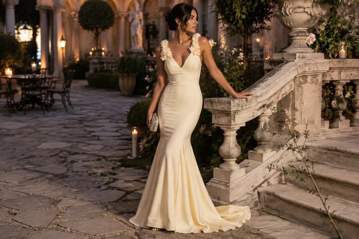 Ivory mermaid prom gown garden editorial