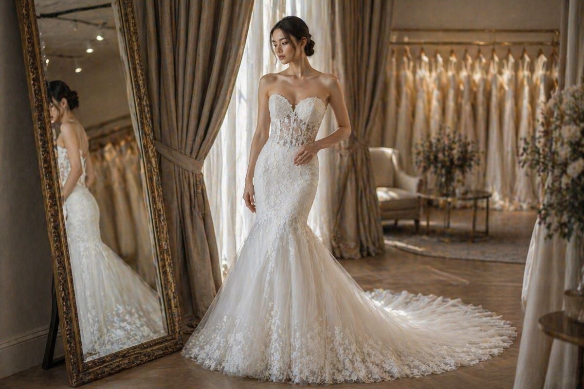 Bride in strapless ivory mermaid lace wedding dress in bridal boutique mirror setting