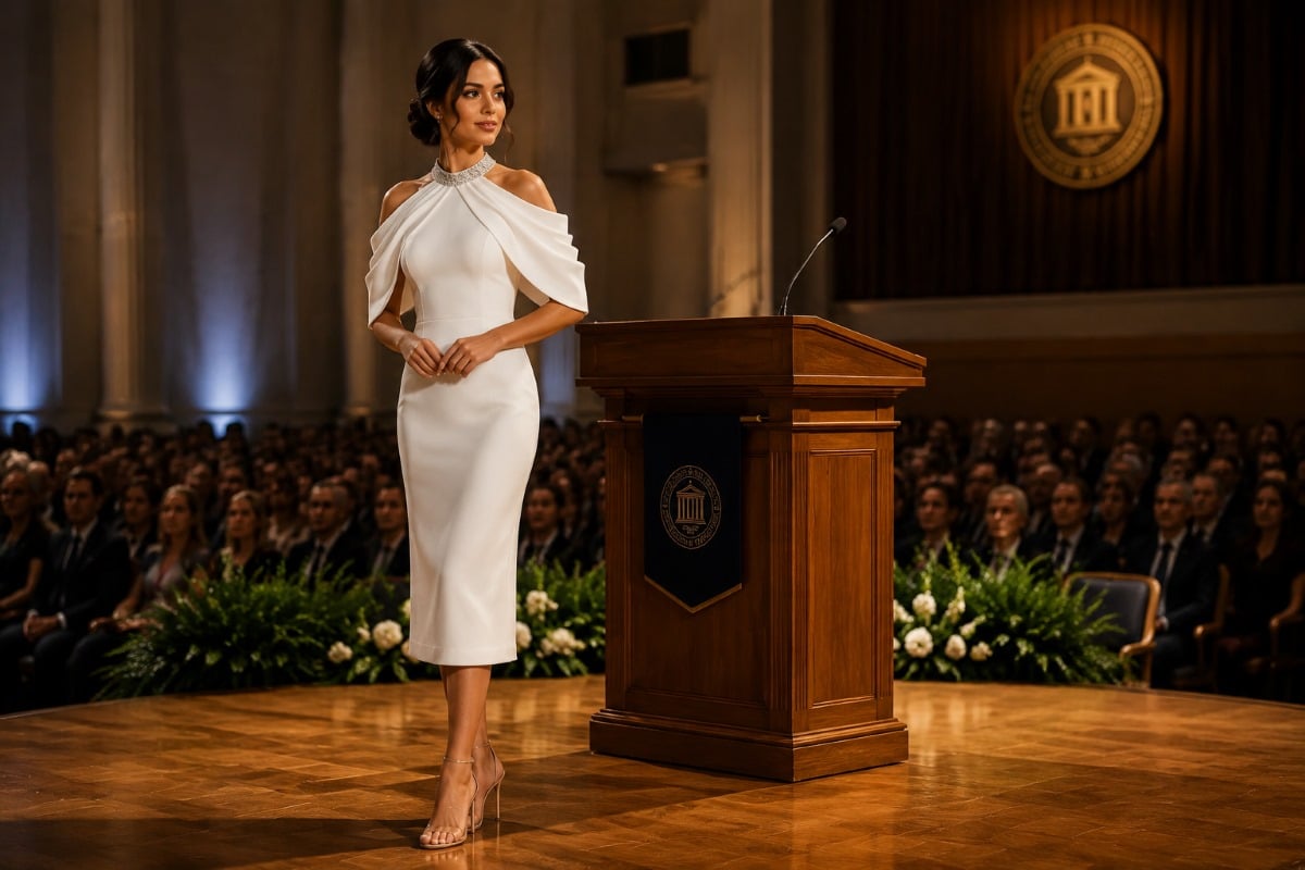 Ivory midi speech dress editorial stage