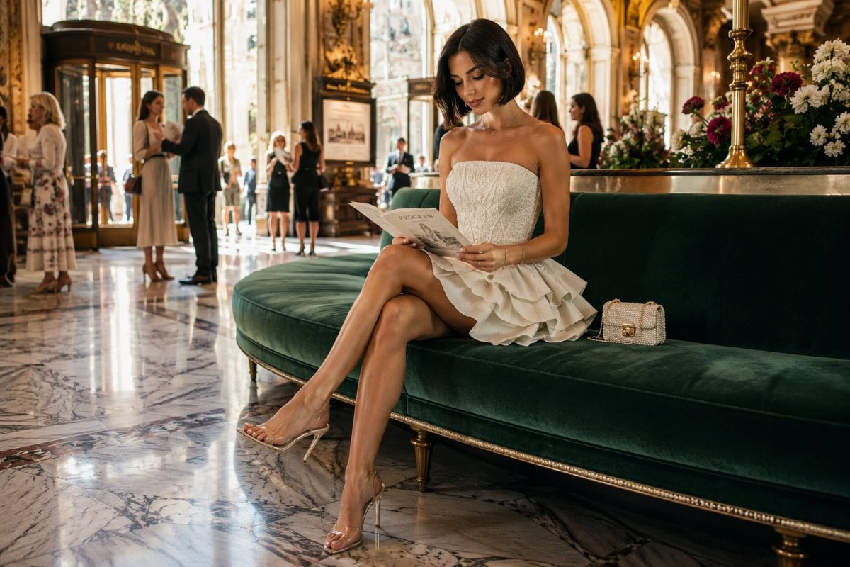 Ivory cocktail dress at daytime theater matinee