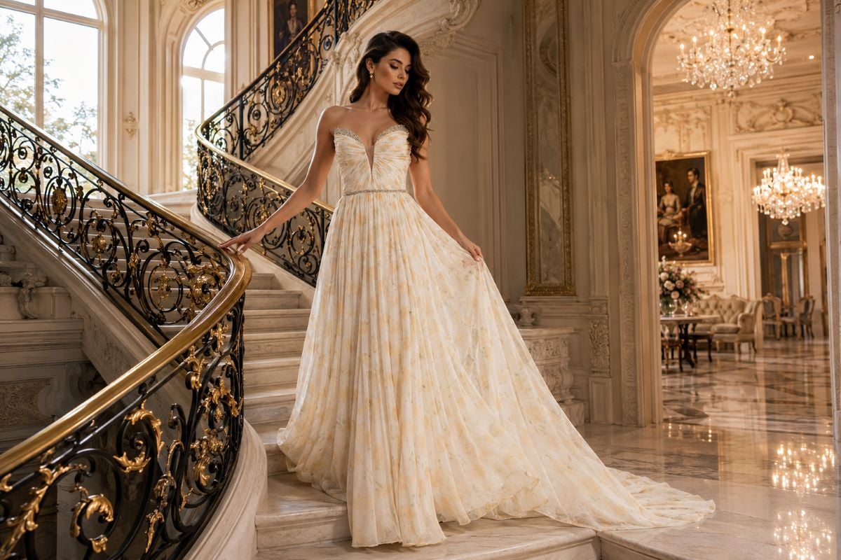 Ivory pleated A-line prom gown with elegant flowing silhouette
