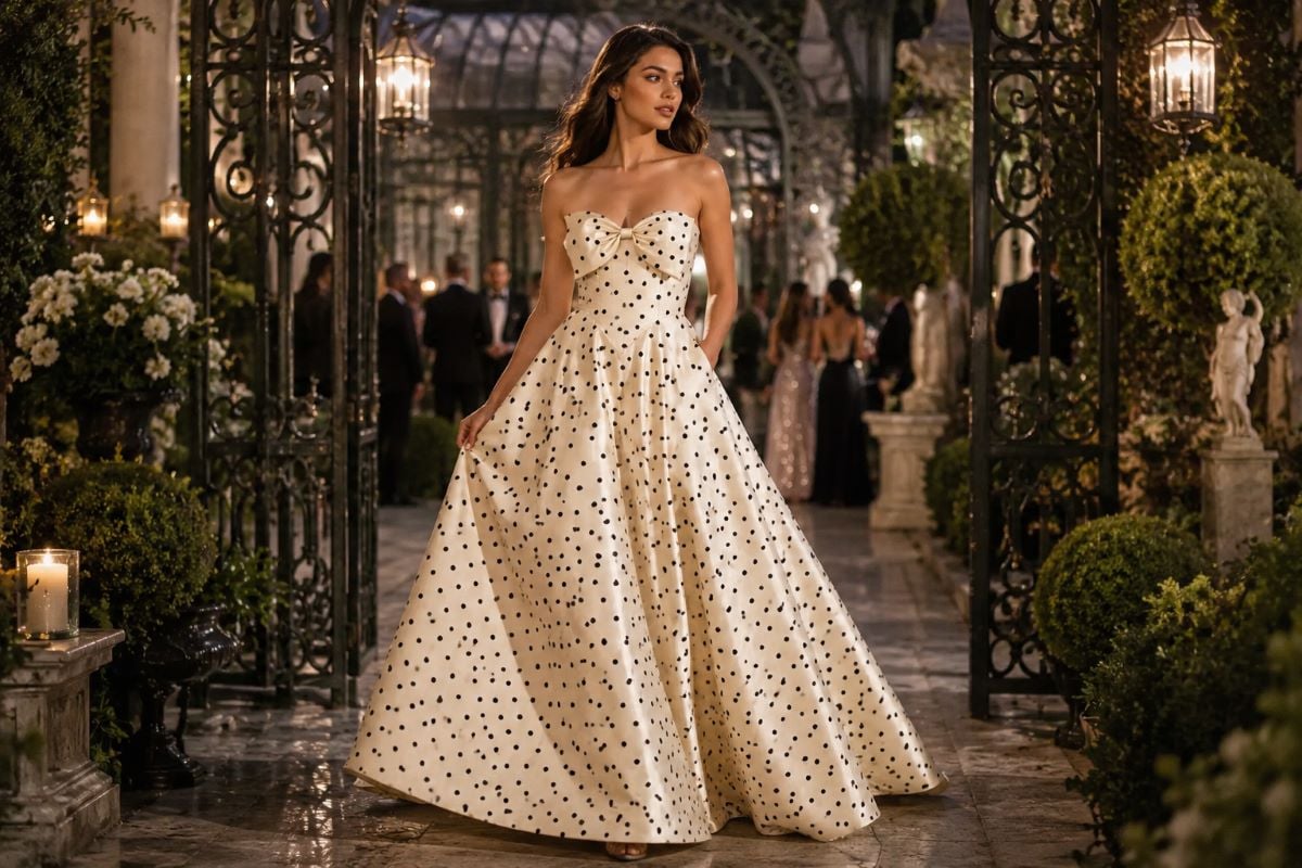 Ivory polka dot A-line ball gown with oversized bow