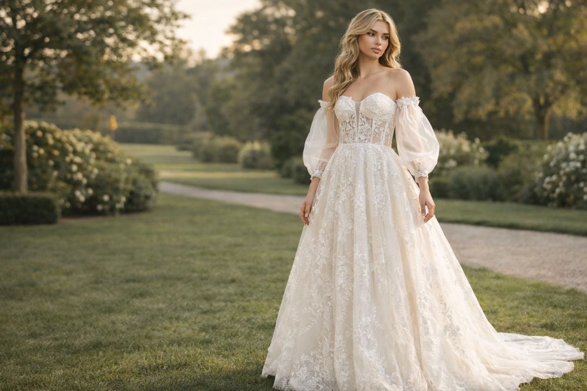 Ivory wedding dress with sheer corset bodice and puff sleeves