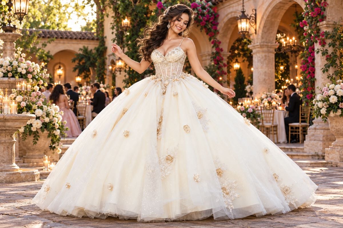Ivory quinceañera gown at surprise dance