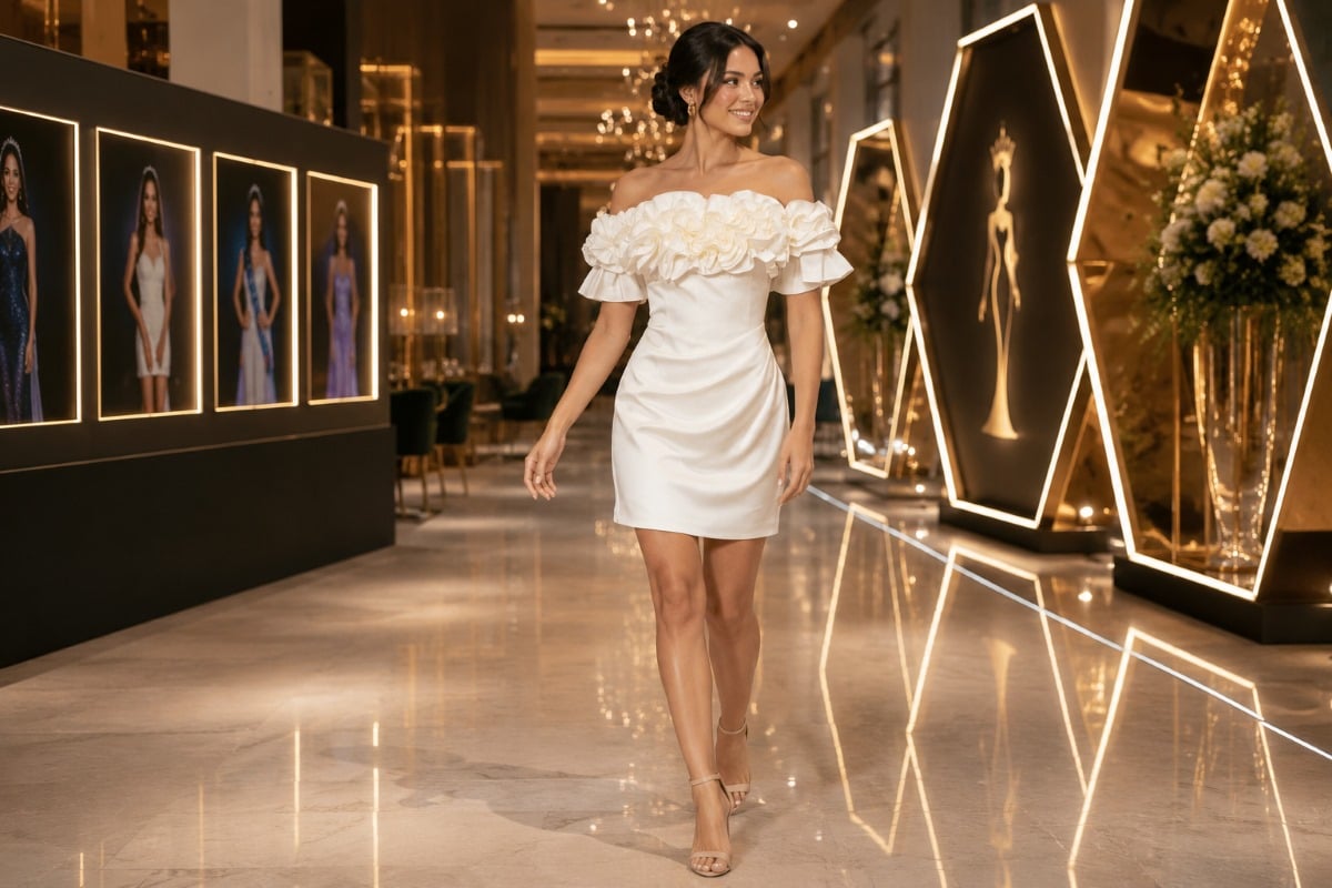 Ivory ruffle cocktail dress pageant style