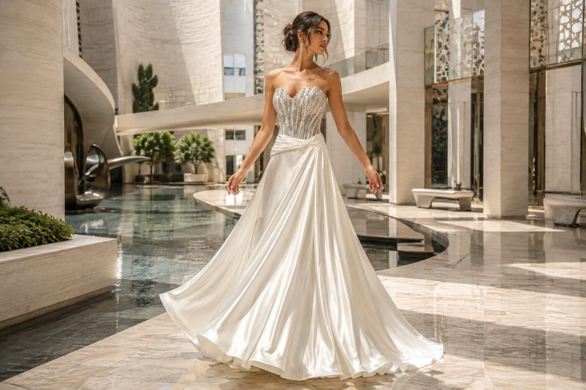 Ivory satin flowy formal evening gown