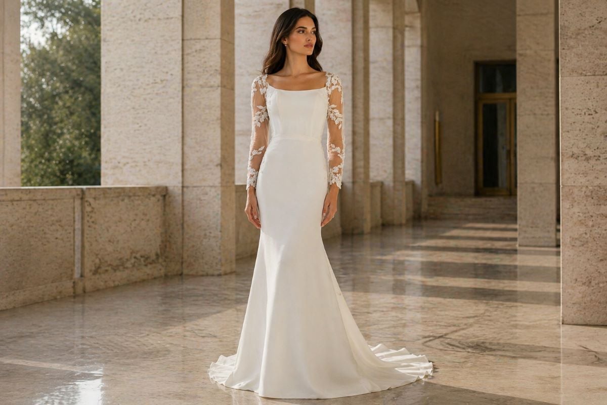 Long sleeve square neckline ivory fitted wedding dress