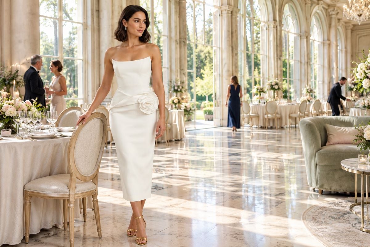 Ivory structured wedding guest midi dress