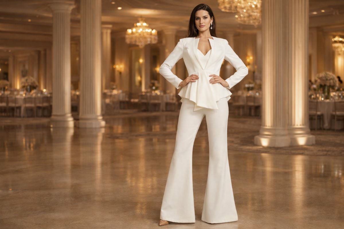 Ivory structured jumpsuit with peplum waist and flared legs