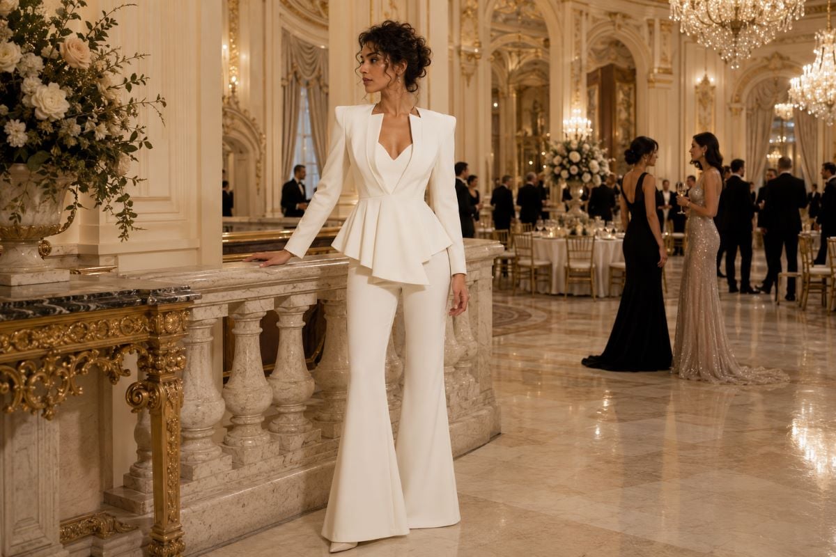Ivory tailored jumpsuit at formal ballroom