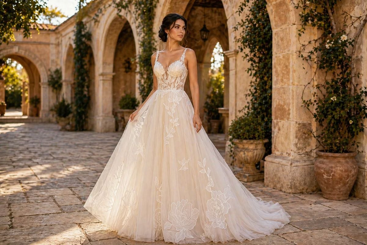 ivory wedding dress gold accessory styling