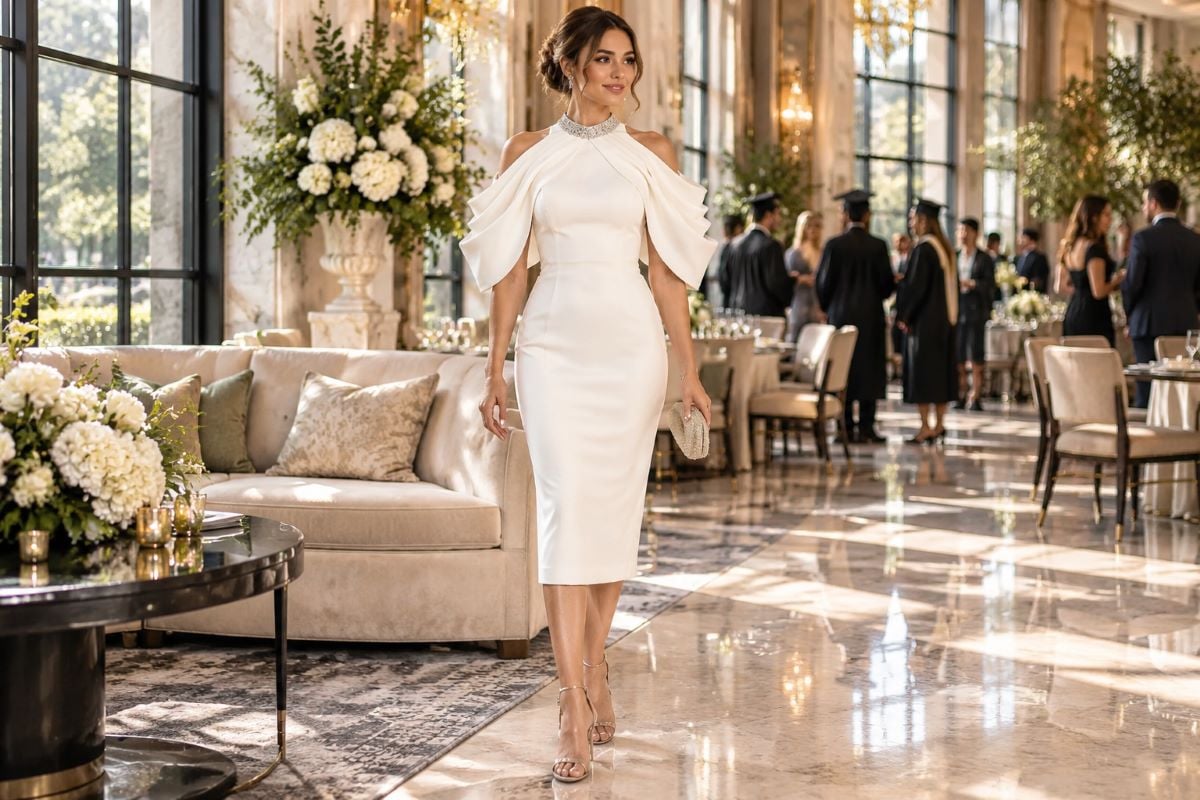 Ivory white graduation dress editorial look