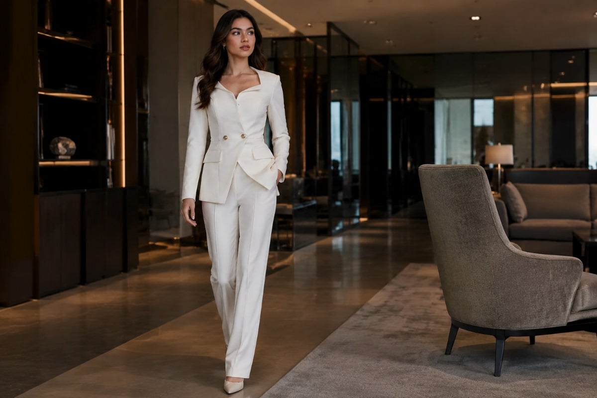 Ivory formal suit in luxury office