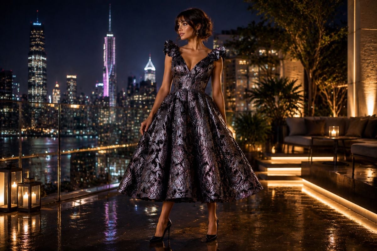 Jacquard couture midi dress in luxury night city editorial