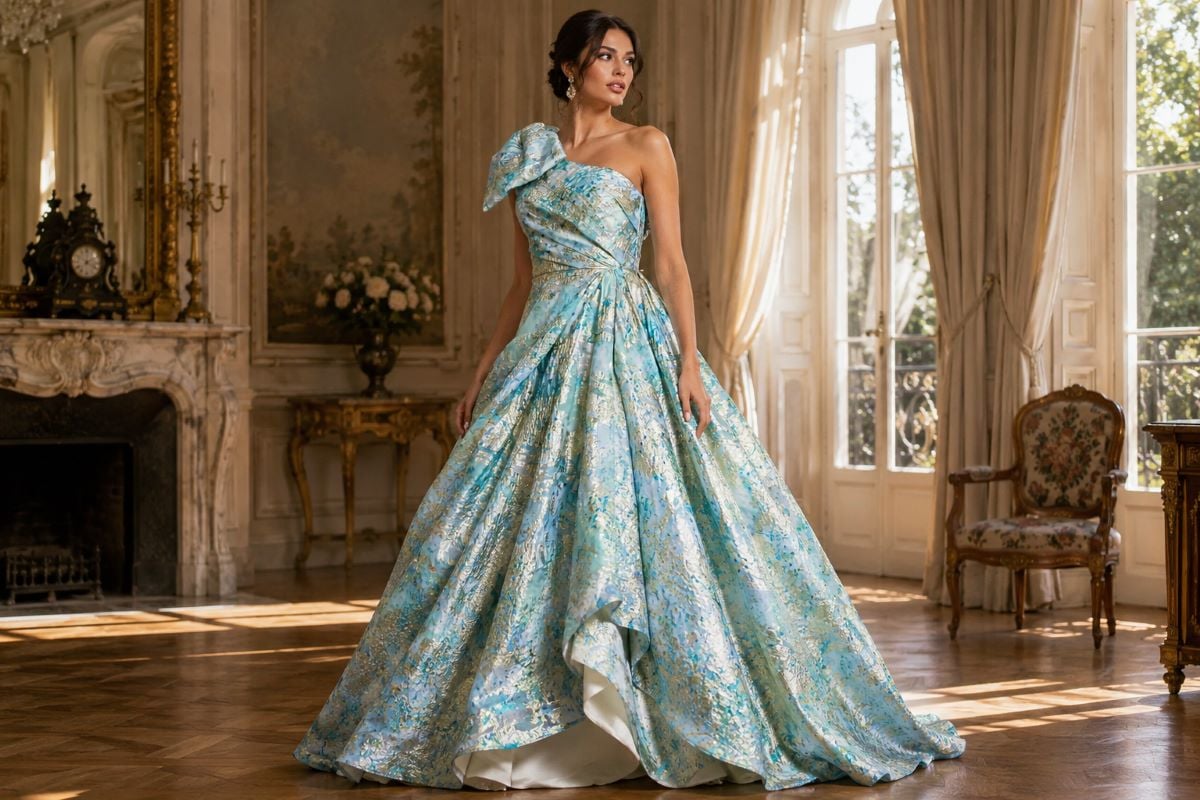 Luxury jacquard old money ballgown with one shoulder bow