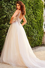 Back view of Jovani jb05781, showing the elegant flow of the ivory gown.