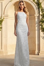Front view of beaded halter bridal gown with fitted silhouette