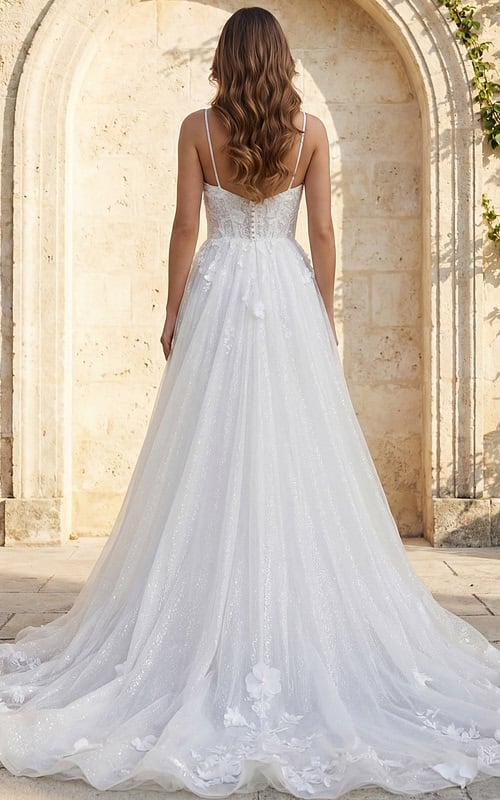 Back view of floral appliqué tulle bridal gown with thin straps and long flowing train