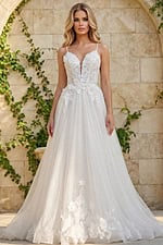 Front view of A line tulle bridal gown with deep V neckline and 3D floral details