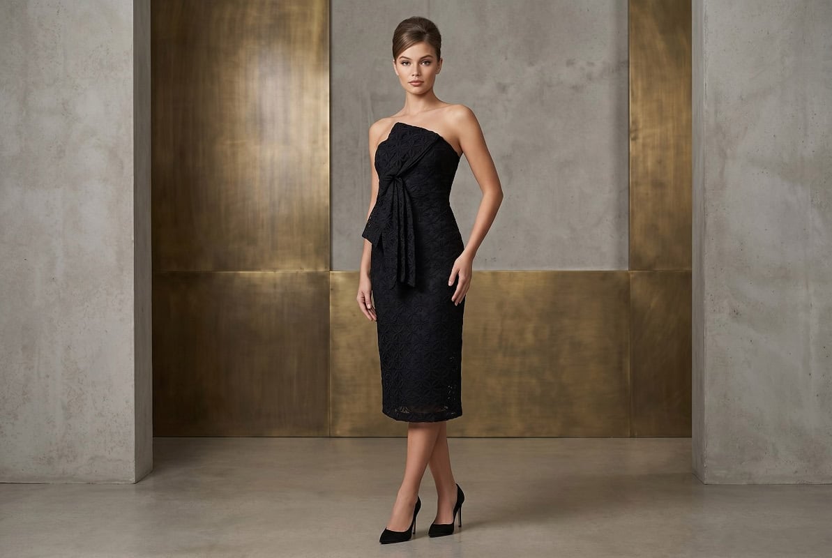 Black lace midi cocktail dress for formal events in a modern architectural lobby