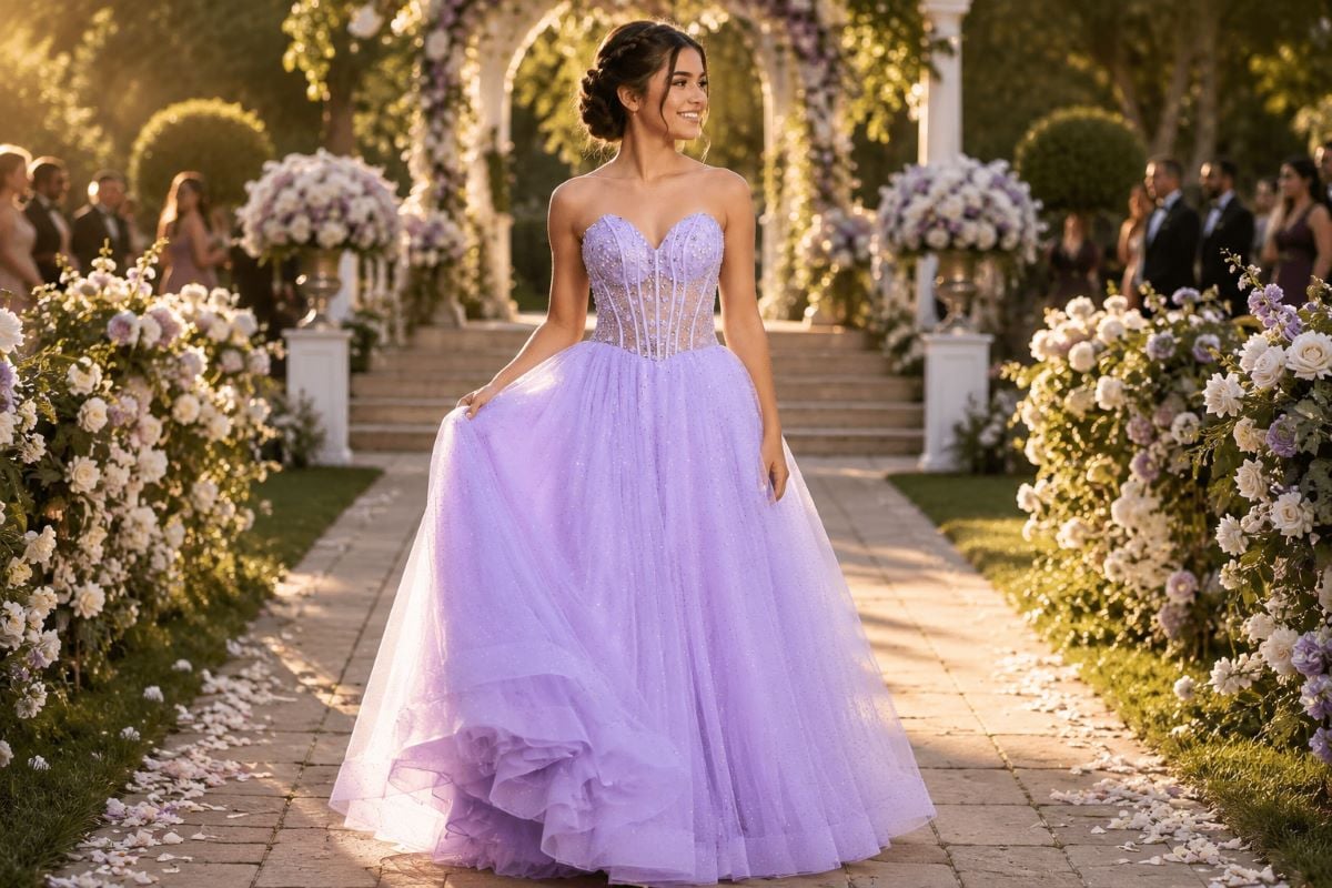 Junior bridesmaid in lavender ball gown at wedding