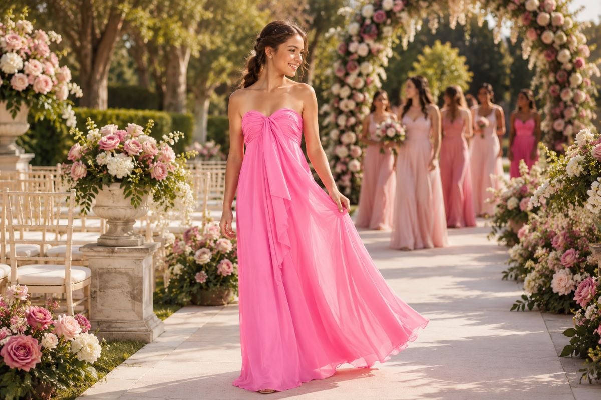 Junior bridesmaid in pink chiffon wedding gown
