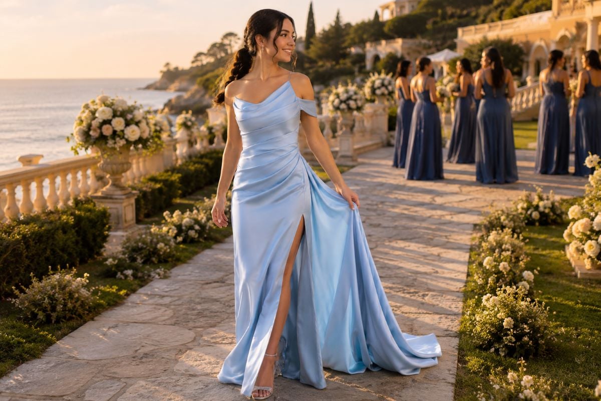 Junior bridesmaid in sky blue satin gown