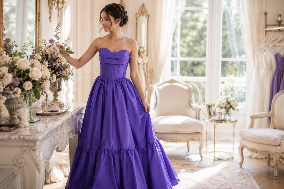 Junior bridesmaid in violet A-line formal gown