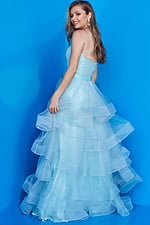 Back view of Jovani K02442 blue dress worn by a model.