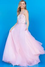 Model wearing Jovani K3620 Pink Spaghetti Strap Long A Line Kids Dress