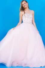 Model wearing Jovani K3620 Pink Spaghetti Strap Long A Line Kids Dress
