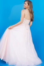Model wearing Jovani K3620 Pink Spaghetti Strap Long A Line Kids Dress