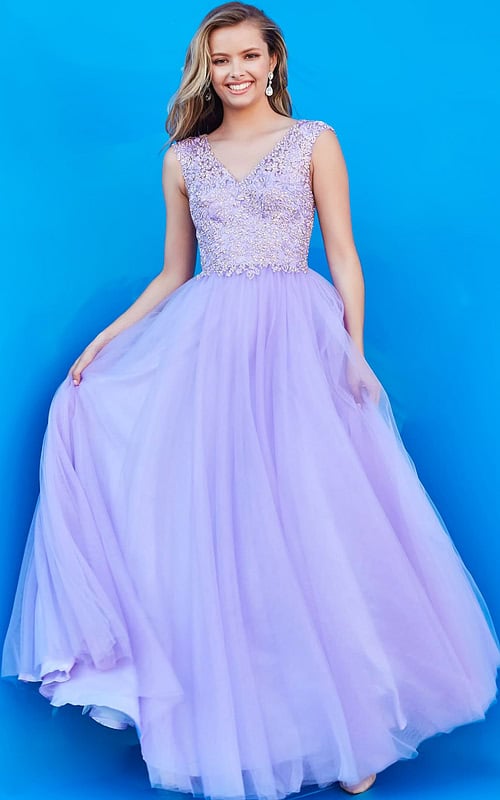 Model wearing K06822 lilac gown with V-neckline and floral lace details in front view.