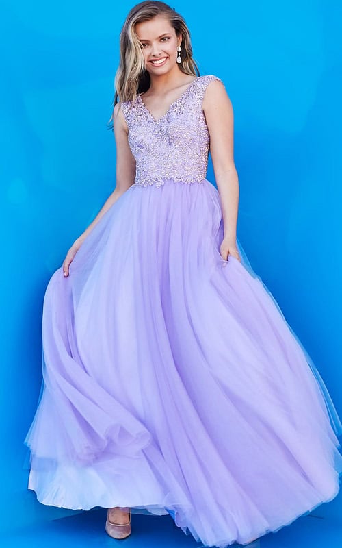 Model showing K06822 lilac A-line gown with flowing skirt and lace bodice in full front view.