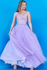 Model displaying K06822 lavender gown with V-neck and enchanting lace bodice.