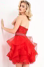 model wearing Jovani k3099 red dress with lace bodice and layered tulle front view