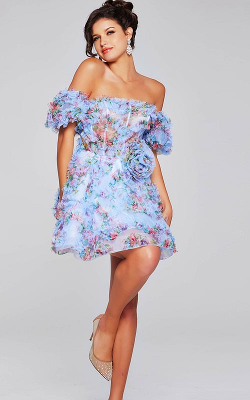 Model wearing K44213 blue off-the-shoulder dress with floral appliques.