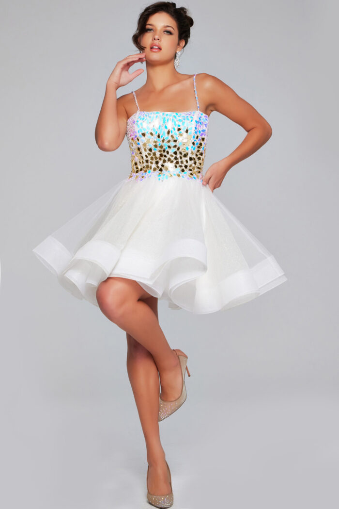 Model wearing Jovani k44217 dress featuring a beaded bodice and tulle skirt.