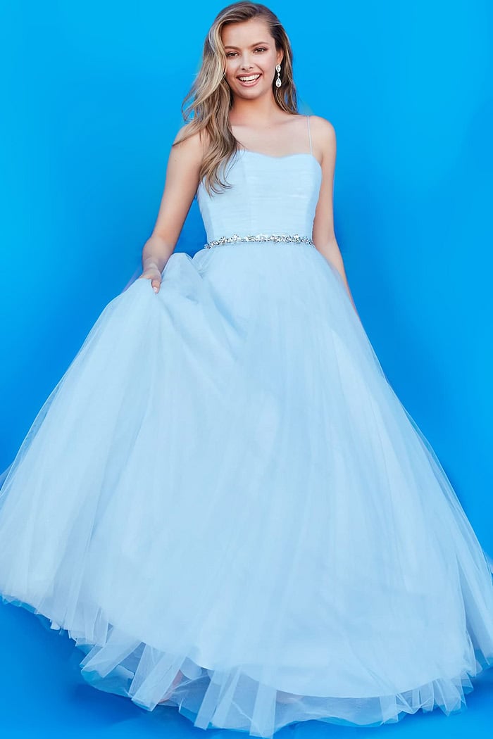 Model wearing Jovani K66712 Blue Spaghetti Strap Girls Ballgown